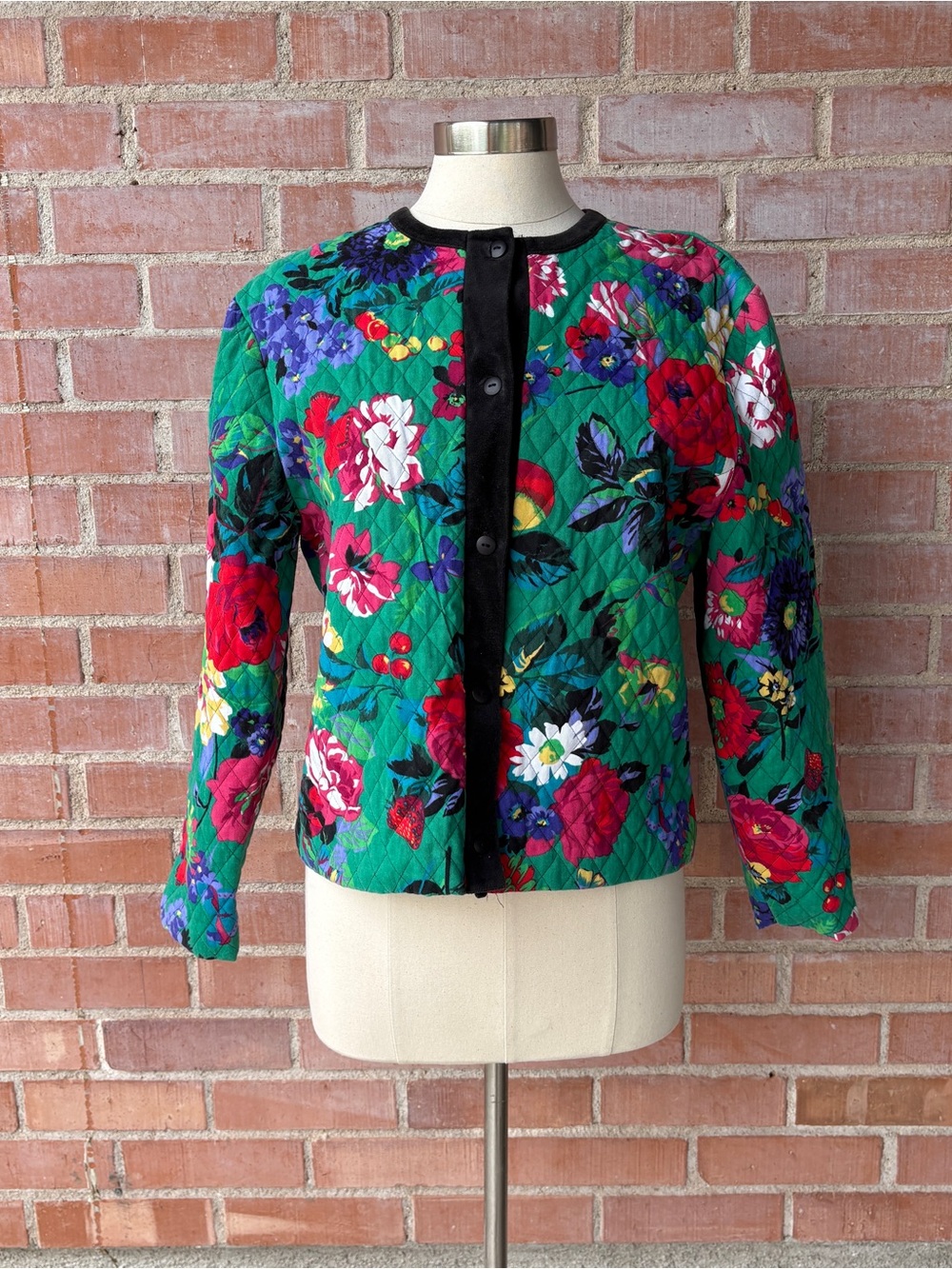 Vtg Hartstrings‎ Quilted Floral Jacket Women's L Green velvet Trim Cottage Core